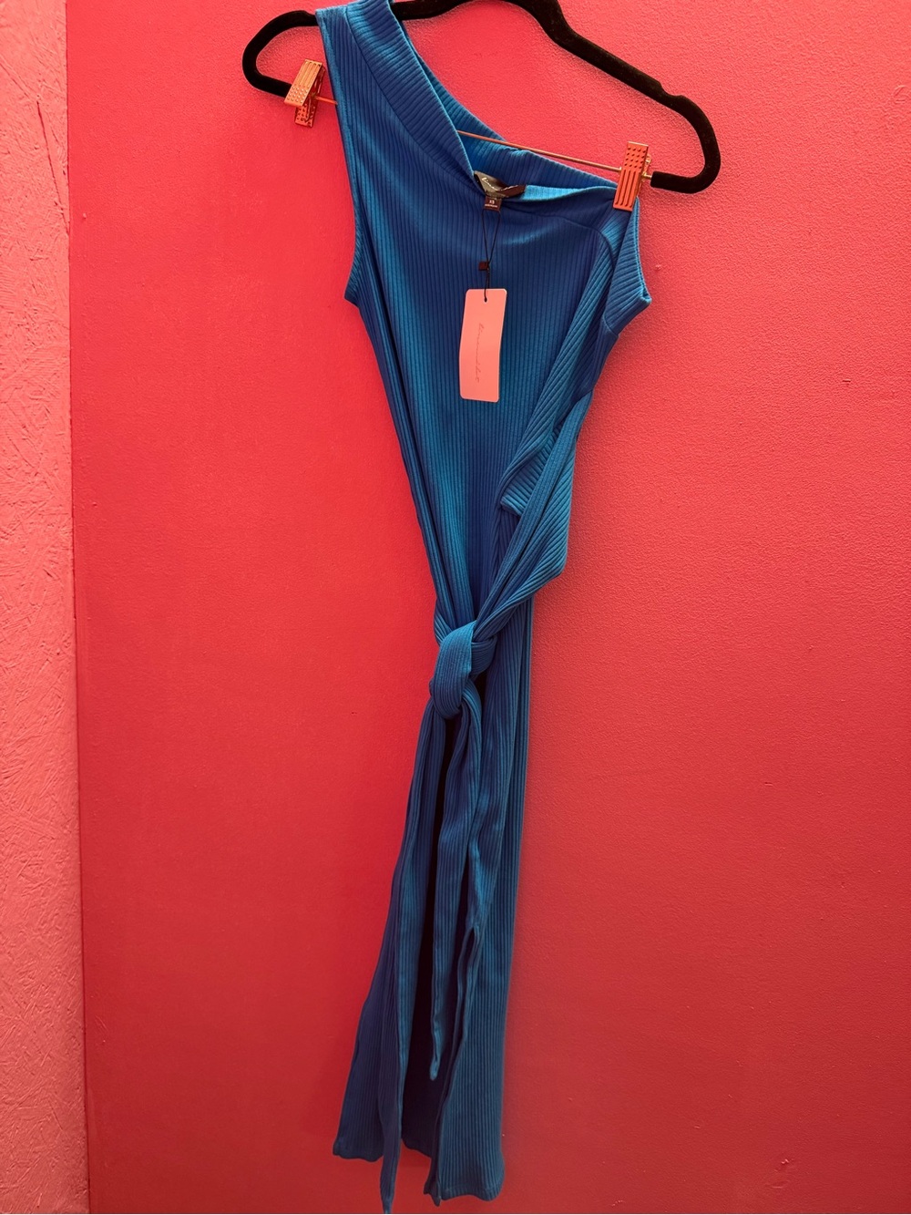 One-Shoulder Blue Ribbed Jumpsuit with Front Tie